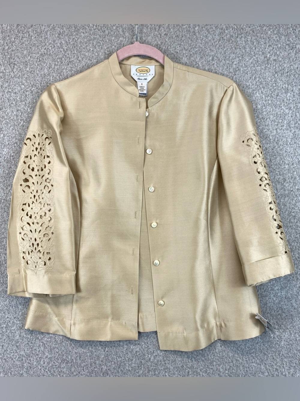 Talbots silk jacket blazer size 6P elegant formal wear gold lace details light